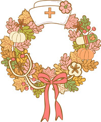 Floral Fall Nurse Clipart Set, Autumn Medical  Elements, Cozy Hand Drawn Vector Illustrations