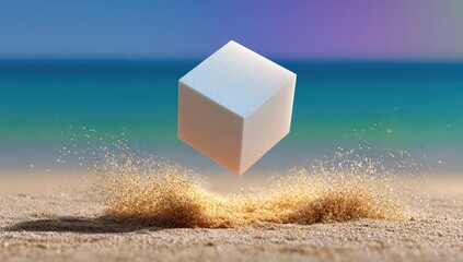 White cube hovering over sandy beach
