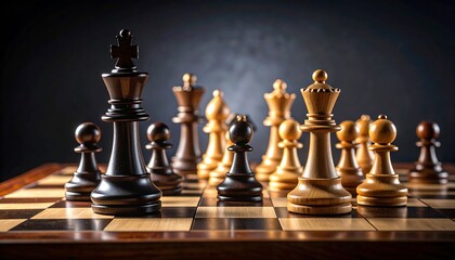 A meticulously arranged chessboard showcases the strategic positioning of black and light-colored pieces in a focused, dramatic composition.