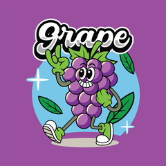 Funny walking grape Fruit retro character illustration