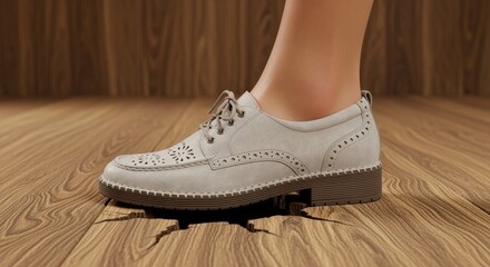 Elegant Gray Shoe Stepping Onto Cracked Wood Floor in Room