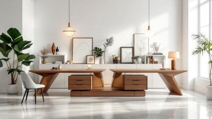 Bright interior with two wooden desks and plants in a minimalist modern design office space setting