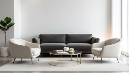 A modern living room with a gray sofa white chairs and a round coffee table on a white rug space