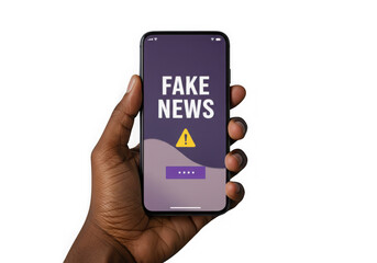 Hand holding smartphone displaying fake news alert isolated on transparent background
