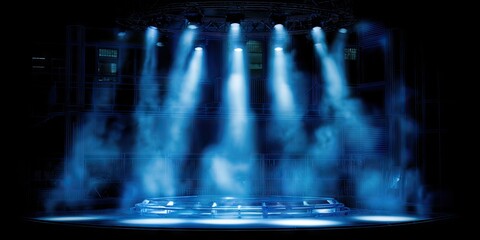 A dramatic stage setting bathed in vibrant blue spotlights, highlighting the performance area.