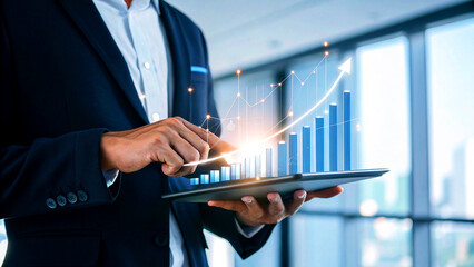 Confidently analyze financial growth charts on a tablet, showcasing upward trends and strategic business insights in a modern professional setting.
