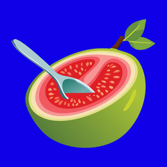 A half-cut pink guava with a spoon, perfect for a refreshing treat, with a blue background - Vector Illustration