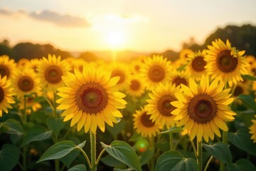 Obraz premium A field of sunflowers basking in the golden sunlight, their faces turned towards the sun, creating a vibrant and cheerful scene Perfect for summer, nature, and happiness themes , sunflowers, leaves