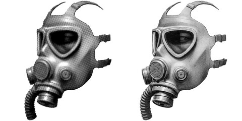 Retro vintage Gasmask halftone on transparent PNG. Ideal for overlays, posters, and designs. High-res, AI-based with human edited effects. Old vintage Gasmask in trendy dotted pop art style.