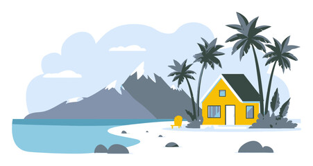 Fototapeta premium Tropical Beach Scene with Cartoon House and Palm Trees in Flat Style