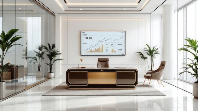 A modern office interior featuring a large desk and a screen displaying financial data and potted plants - Powered by Adobe