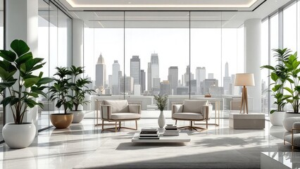 Bright modern office space with city view and plants in a high rise building interior design