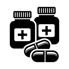A black and white icon illustration showing two medicine bottles with cross symbols and several capsules in front. The simple and bold design represents healthcare, pharmacy, and medical treatment.