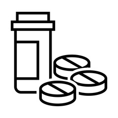 Black and white icon illustration of a medicine bottle with several round pills scattered in front. The simple outline style represents healthcare, pharmacy, and medical treatment.