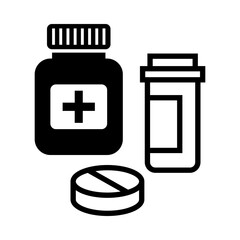 Medicine icon showing a pill bottle with a cross symbol, a capsule, and a measuring container, representing healthcare and pharmaceuticals. Design vector illustration.