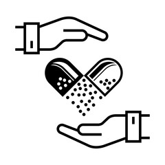 Black and white vector illustration of two hands with an open capsule in between, releasing small particles, symbolizing healthcare, medicine, treatment, or pharmaceutical care. Love heart design.