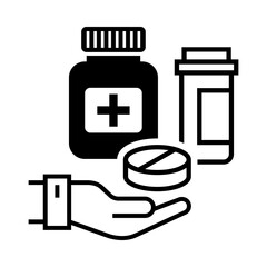 Icon design vector illustration of a hand holding tablets with medicine bottles in the background, symbolizing healthcare, pharmacy, and safe medication.