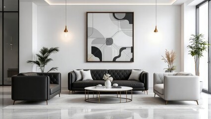 A living room with black sofa white armchair and abstract art with decorative plants and lighting