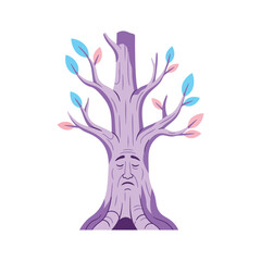 Obraz premium Sad anthropomorphic tree with purple trunk and colorful leaves.