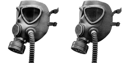 Retro vintage Gasmask halftone on transparent PNG. Ideal for overlays, posters, and designs. High-res, AI-based with human edited effects. Old vintage Gasmask in trendy dotted pop art style.
