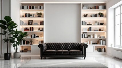 A chesterfield sofa in a bright living room with built in bookshelves and a large houseplant in a pot