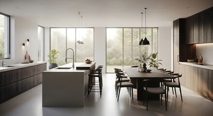 Modern open concept kitchen and dining area with large windows and natural light