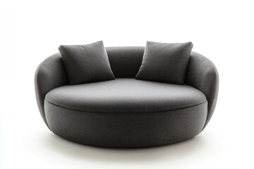 Circular, dark gray upholstered lounge chair