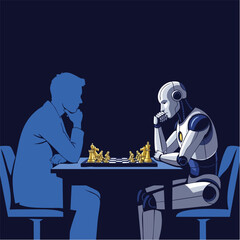 Naklejka premium Human vs Robot Chess Match: Strategic Confrontation.