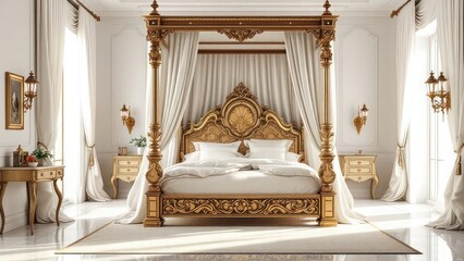 Opulent bedroom featuring a gold four poster bed with white curtains and luxurious decor elements