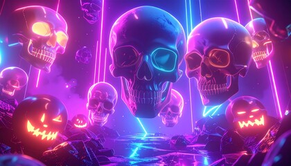 A vibrant DJ performs in front of a glowing skull design with electric energy and light motion in the background