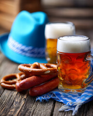 A warm, inviting still life evokes a sense of celebration and camaraderie with hearty foods and frothy beer.