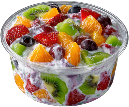 Mixed fruit salad with yogurt in a clear bowl, healthy and refreshing isolated on transparent background