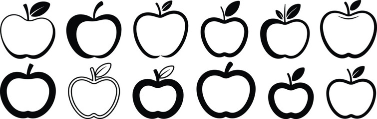 Stylized apple icon collection, black and white fruit silhouette set, diverse apple shapes and leaf variations for graphic design illustration