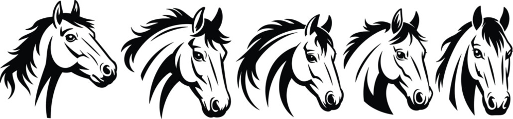 Stylized horse head illustration set, black and white equine profile vector art, bold line horse designs for logo and graphic use