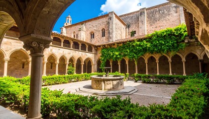Fototapeta premium A serene courtyard within a historic monastery, showcasing intricate stone arches, lush greenery, and a central fountain, bathed in bright sunlight.