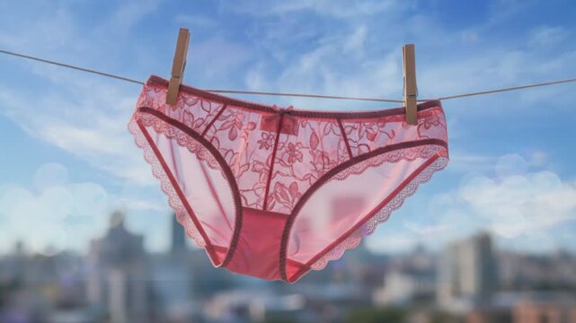 Pink Lace Panties Hanging on a Clothesline with Cityscape Background