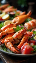 A lavish seafood buffet spread, overflowing with fresh crab legs, shrimp, oysters, sushi, and an array of delectable seafood dishes , prawns, restaurant, crab legs