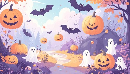 Halloween background with pumpkins, bats, and a spooky full moon, an autumn vector illustration for a dark October celebration