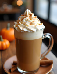 Enjoy a flavorful pumpkin spice latte with whipped cream and cinnamon