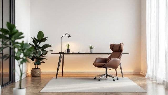 A modern home office setup with brown leather chair desk and plants in a minimalist style room decor
