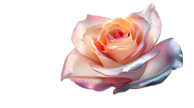 Glossy iridescent flower rose with gently curled petals display isolated on transparent background