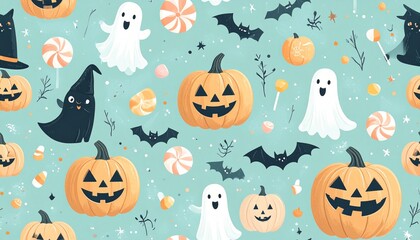 A spooky seamless Halloween pattern with a cartoon set of pumpkins, bats, ghosts, and black cats for an autumn holiday illustration
