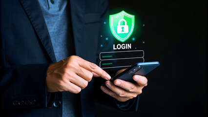 Securely access digital world with smartphone login, protecting data with glowing shield and lock icon for advanced cybersecurity.