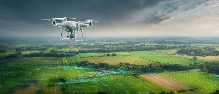 The Drone Performing Precision Agricultural Mapping Over Lush Green Farmland With Digital Grid Overlay