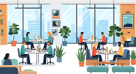 Modern Co-working Space with Diverse Professionals Working. Green Office Environment Illustration.