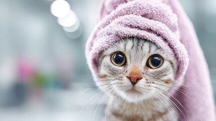 Close-up cute cat with pink towel wrapped around head in modern bathroom. image conveys humorous and cozy spa atmosphere, perfect for pet care advertisements and wellness themed content