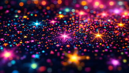 Vibrant macro photograph featuring an array of multicolored, star-shaped bokeh lights against a deep blue backdrop, creating a festive and energetic visual texture.