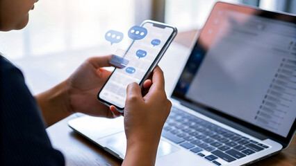 Person texting on smartphone near laptop, communication concept with digital chat bubbles, modern workspace technology.
