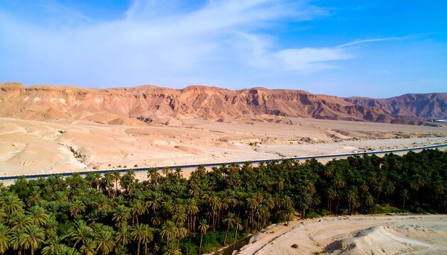 A serene oasis of palm trees, bordered by a road, stretches into a vast desert landscape under a clear sky.
