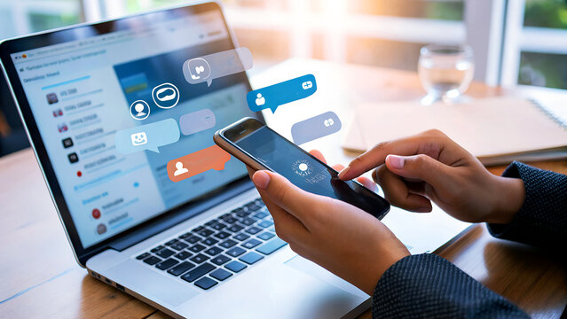 Engaged professional seamlessly connects, communicating digitally via smartphone and laptop in a bright, modern workspace.